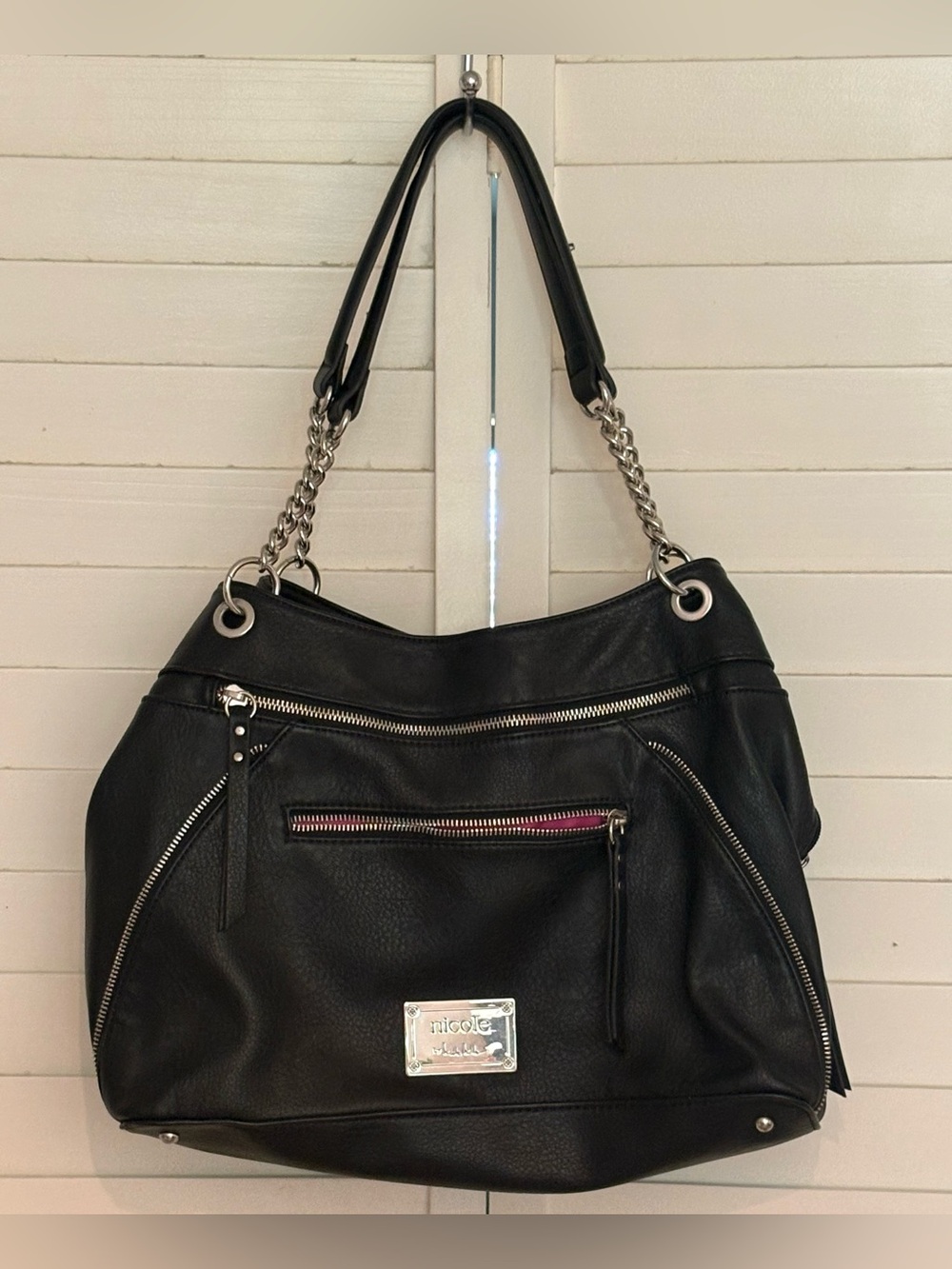 Nicole Miller Black Shoulder Bag with Silver Chain Accents